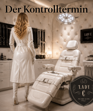 Luxuriöses Behandlungszimmer mit weißem Zahnarztstuhl und Frau