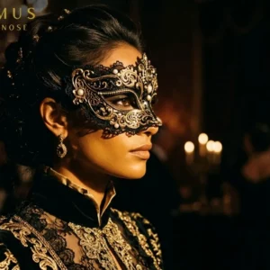 Frau mit schFrau mit goldener Venezianer-Maske im Kerzenlicht – Symbol für Rollenspiel und erotische Hypnose bei OHRgasmus
