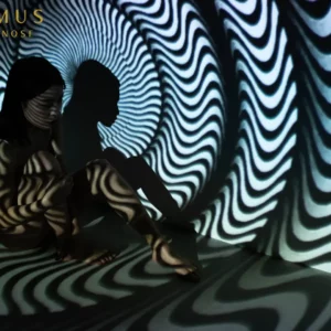 Zwei Silhouetten in hypnotischem Wellenmuster-Environment