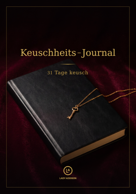 Schwarzes Keuschheits-Journal mit Goldschlüssel und rotem Hintergrund