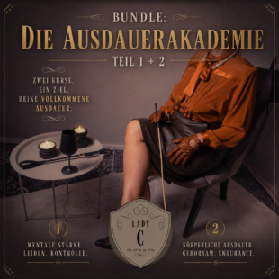Elegante Frau in orangem Oberteil bewirbt Ausdauer-Akademie Bundle