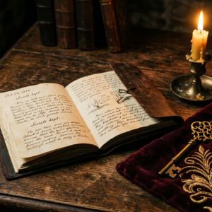 Vintage Tagebuch mit Kerze, Feder und antiken Schlüsseln